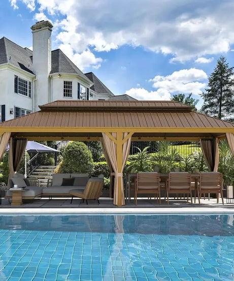 12x24 Hardtop Gazebo, Wood Grain Aluminum Frame with Galvanized Steel Double Roof