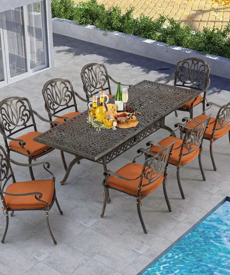 9pcs All-Weather Aluminum Outdoor Dining Set with 8 Cushioned Chairs & Rectangular Table