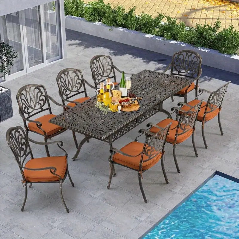 9pcs All-Weather Aluminum Outdoor Dining Set with 8 Cushioned Chairs & Rectangular Table